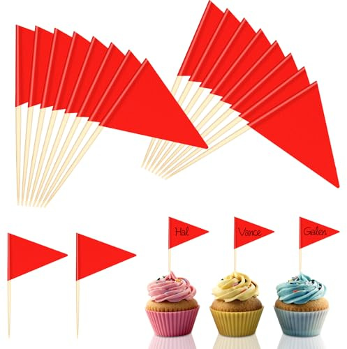 100 Stück Leere Zahnstocher Flaggen, Rot Cupcake Topper Flaggen, Mini Triangle Flaggenpicker, mit beschreibbarer Oberfläche, Zahnstocher Papierfähnchen, für Party Kuchen Buffet Käseplatte Cocktail Vor