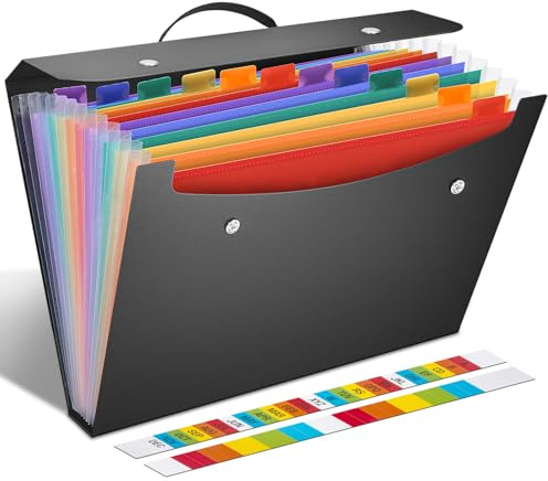 TOPCJ Expanding File Folder,Accordion File Organiser with Handle,12 Pockets Portable A4 Documents Filing Box,Accordian Bill Receitp Organiser for Business Trip,Office,School