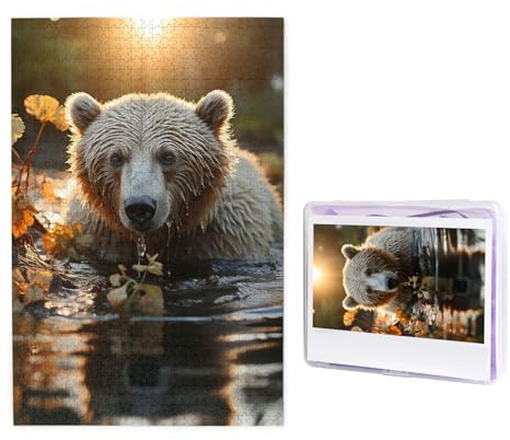 Jigsaw Puzzle for Adults 1000 Piece Funny Challenging Puzzles Bear Crossing The River Picture Jigsaw Wooden Puzzle Artwork Family Game Puzzle for Birthday 29.5 x 19.7