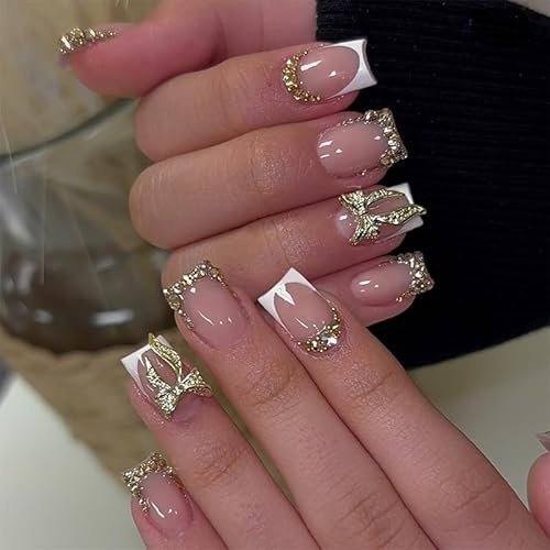 24 Stück Quadratische Kurze Fake Nails Weiß French Tip mit Schleifen und Strass Design Glänzende Press on Nails Vollkappe Kunstnägel Maniküre Set für Damen