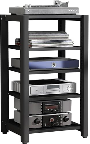 5-Tier AV Media Stand Wooden Stereo Cabinet for Xbox/Projector/TV Accessories Audio Shelving Unit Video Game Console Shelf Record Player Storage Black Finish