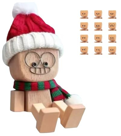 Wackelnder Holzmann Weihnachten Wackelfigur Holzfigur für das Armaturenbrett,Wackelnde Holzfüße-Puppe,Dekoration für Schreibtisch,mit 12 Ausdrücke,Wackel-Auto-Ornament Autozubehör Weihnachtsdeko (#02)