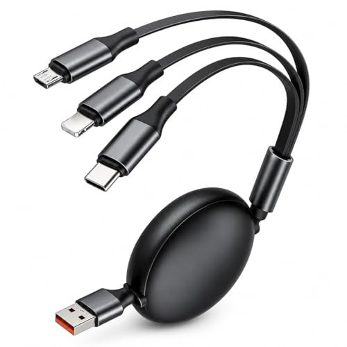JiangZShangM Câble de Charge 3 en 1, Cable Multi Chargeur, USB A vers Type C Micro et L, Modèle Rétractable Extensible, Synchronisation Rapide, Design Compact pour Voiture Bureau Voyage Famille