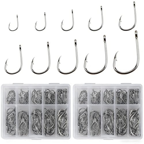 Set med 200 fiskekrokar, fisketillbehör, dropshotkrokar med förvaringslåda, svart, med tagg och hål, passar för karp, öring, sötvattenfiskar (3-12)