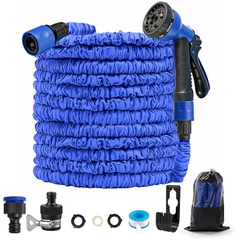 45M/150FT Expandable Garden Hose, Flexible Retractable Water Hose with 8 Spray Patterns, 3/4 & 1/2 Connectors, Anti-Leak Latex Core, Blue