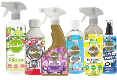 Fabulosa Favourites Household Cleaning Bundle 6 Piece Concentrated Cleaner Sprays Fabric Freshener and Washing Machine Cleaner Set