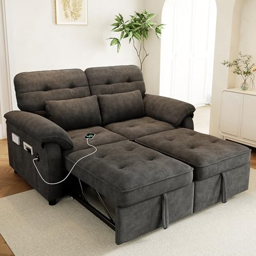 BTM 2-Sitzer Schlafsofa mit Verstellbarer Rückenlehne, Sofabett mit USB‑Ladeanschluss Schlafcouch Ausziehbar Grau