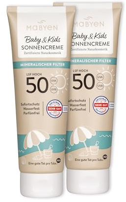 MABYEN Crema solar mineral 100% Baby & Kids SPF 50, 2 x 100 ml, crema solar para niños con filtro mineral UVA/UVB, protección inmediata sin tiempo de aplicación – resistente al agua, sin fragancia