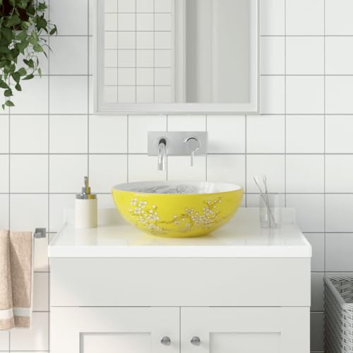 Ziaphsol Lavabo à poser blanc jaune en céramique rond Ø 41 x 14 cm, lavabo à main pour salle de bain, buanderie, WC d'invités, avec trou de vidange de 4,5 cm, peu encombrant et design moderne