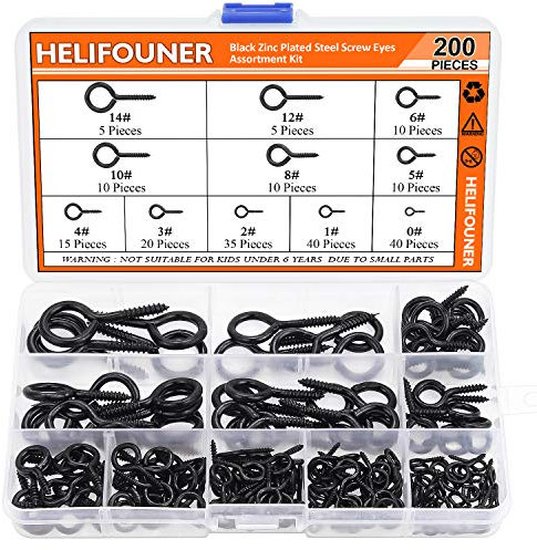 HELIFOUNER 200 Pieces 11 Sizes Black Zinc Plated Steel Screw Eyes Assortment Kit