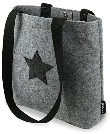 Tebewo verschließbare Filztasche - praktische Einkaufstasche mit Druckknopf - modische Shopping Bag - Einkaufskorb aus Filz - faltbare Tragetasche - Grau mit Stern