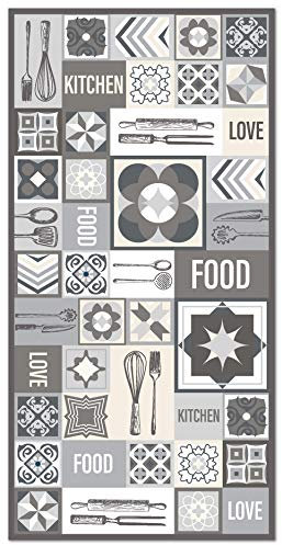 Panorama Vinylteppich Collage Wörter Kacheln Grau - 200x250 cm - Waschbar rutschfest Küchenteppich