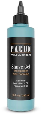 Facón Transparent Shaving Gel for Men w/Aloe Vera, Cooling Menthol, Peppermint & Sandalwood Oil Scent – Clear Non Foaming Straight Razor Shave Gel, Barber Shaving Gel to Prevent Razor Bumps, 10 fl oz