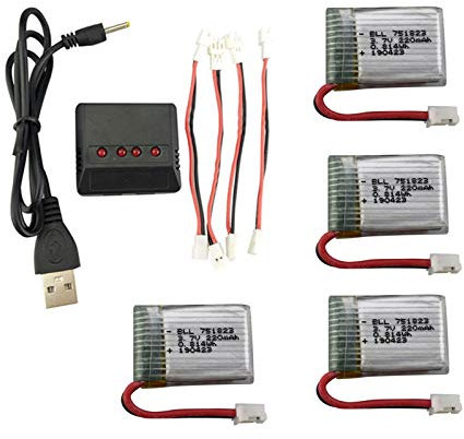 Alecony 3.7V 220mAh Flight Battery mit Ladegerät & Aufladekabel Kompatibel mit E010 E011 E013 RC Drohne, Lipo Akku Ersatz Batterie Flugakku Zusatzakku Flugbatterie Ersatzteile, 4er Pack