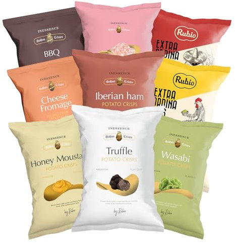Rubio Chips, Mix Box, 9 verschiedene Sorten, Probierset, Großpackung, Spanische Kartoffelchips, Chipstüten, Snack, Glutenfrei