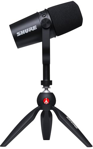 Shure MV7 USB Microphone with Tripod, for Podcasting, Recording, Streaming & Gaming, Built-In Headphone Output, All Metal USB/XLR Dynamic Mic, Voice-Isolating Technology, TeamSpeak Certified - Black