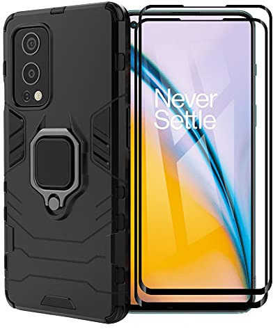 ESTH® Hülle für OnePlus Nord 2 5G mit 2 Pack Panzerglas, [Strapazierfähig] Ring Ständer, [Funktioniert Mit Magnetischer Autohalterung] Case Schutzhülle, Schwarz