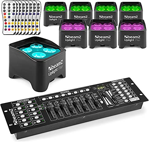 BeamZ Battery Powered Wireless LED Uplighting Kit - 8X RGB-UV Wall Wash Uplighters with DMX192S Controller, Battery Wall Uplighters for Weddings, DJ, Marquee & Events Lighting