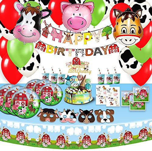 Bea's Party Teller Geburtstag Tiere Bauernhof, biologisch abbaubares, servietten, tortendeko bauernhof, Geschirr Bauernhof Junge, Geburtstagsdeko Tierfolienballon, Luftballons Tischdecke Kuh Topper