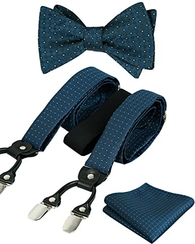 Alizeal Herren Polka Dot Hosenträger und selbstgebundene Fliege mit Einstecktuch im Set,Dunkelblaugrün