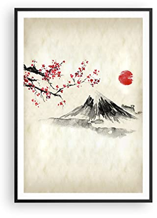 ARTTOR Poster Wandbild Kunstdruck 70x100cm Landschaften Natur - 4513 - P2B | Aquarell asiatisch Landschaft Vertikal mit schwarzem Rahmen Wohnzimmer Schlafzimmer Küche Büro Wanddeko Kunstposter ARTTOR