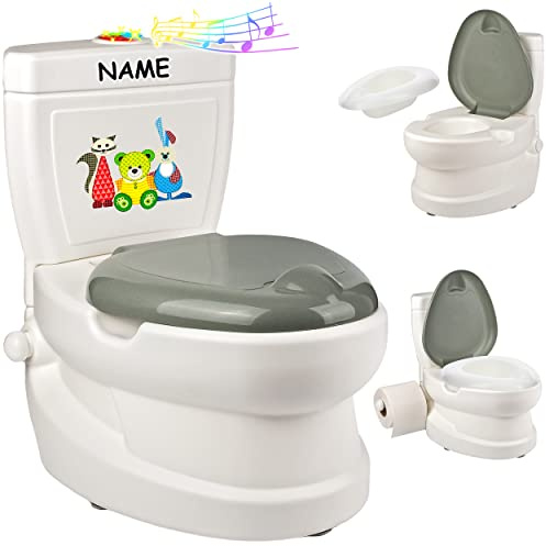 alles-meine.de GmbH Kindertoilette/Töpfchen Spülgeräusch + Licht Tierfreunde - inkl. Name mit Wasserspülung Sound - Nachttopf/Babytopf - mit Deckel - weiß - Musik - TOI..