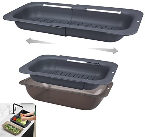 Komzon Set di colino con ciotola per lavello, estensibile, per lavare frutta e verdura, scolapasta in plastica retrattile regolabile per drenare la pasta, piatti neri