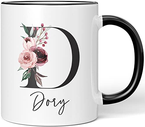 JUNIWORDS Tasse, Dory, Name Anfangsbuchstabe Initial Alphabet Floral Buchstabe D Monogramm Motiv, Schwarz (5565144)