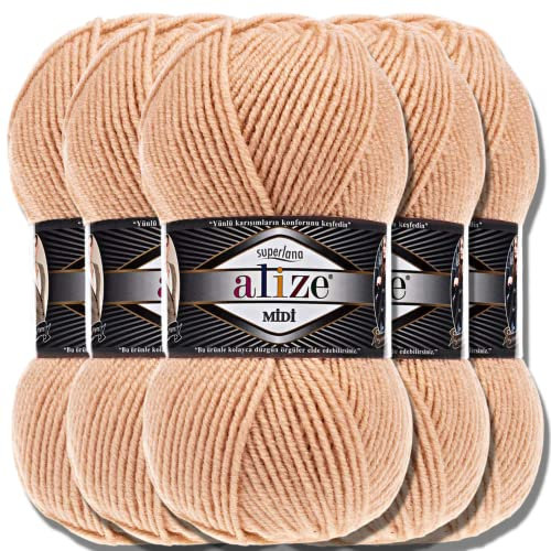 Alize 5 x 100g Superlana Midi Türkische Premium Wolle Baumwolle und Acryl Uni Handstrickgarne | Yarn | Garn | Strickgarn Einfarbig Baby zum Häkeln Stricken Kleidung Schals (Cream Caramel | 502)