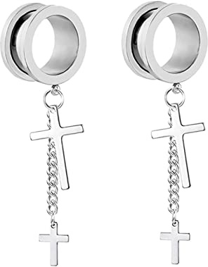 Mesnt 1 Paar Edelstahl Plug 14mm, Rund mit Kette und Kreuzanhänger Ear Piercing Expander Flesch Tunnel Plugs, Silber