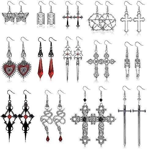 Adramata 14 Paar Y2K Ohrringe für Damen Y2K Ohrringe Set Kreuz Ohrringe Schlangen Ohrringe Grunge Schädel Anhänger Ohrringe Vintage Tropfen Baumeln Ohrringe Y2k Accessoires Halloween Schmuck