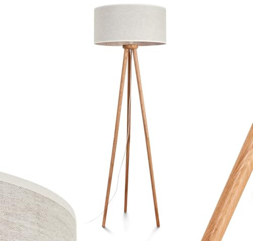 Stehleuchte Saladillo, moderne Stehlampe aus Holz/Metall/Stoff in Natur(Eiche)/Weiß/Beige, Leuchte im Boho-Design mit rundem Schirm (Ø 50 cm) und Fußschalter, Höhe 151,5 cm, 1 x E27, ohne Leuchtmittel