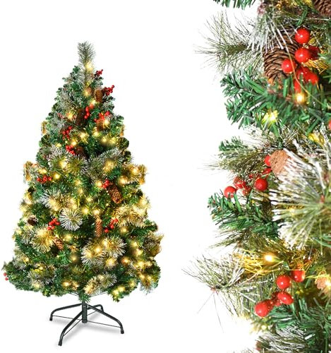 UISEBRT Künstlicher Weihnachtsbaum mit Beleuchtung, LED Tannenbaum mit Metallständer, Tannenzapfen, Roten Beeren & Tannenzweige, PVC Christbaum für Weihnachten-Deko (120cm)
