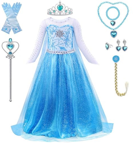 PABTID Elsa Mädchen Prinzessin Kostüm - Eiskönigin Elsa Kinder Kleid mit Krone Diadem Handschuhe Zauberstab Halsketten Set für Karneval Verkleidung Halloween Weihnachten Cosplay Party (130)