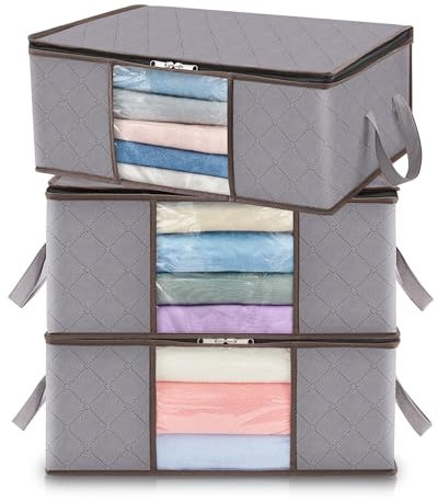 Lifewit 3 Pack Clothes Storage Bag Foldable Storage Boxes with Lids Underbed Wardrobe Storage Organiser with Sturdy Fabric Clear Window for Clothing Bedding Sweaters T-shirts Blankets, 35L, Light Gray