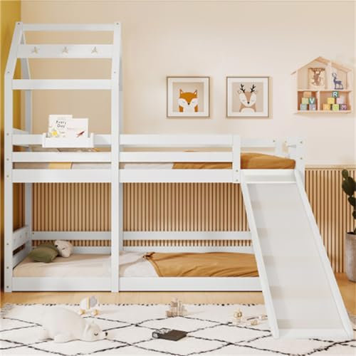 Kinderbett mit kleinem Bücherregal und Rutsche 90 * 200cm Weißes Baumhausbett mit Lattenrost und Fallschutz Juniorbett für Zwei Kinder