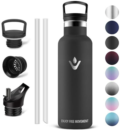 Vikaster Gourde inox - Thermos 500ml, Gourde Avec Paille, Gourdes Sans BPA, Gourde Enfant & Adulte pour Sport, école, Bureau, Gym, Voyage, Noir