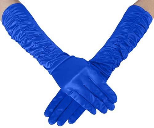 Lange Ellbogen Satinhandschuhe Damen Handschuhe Satin Pliss Opernhandschuhe Abend Tanzparty Hochzeit Braut Elastisch Handschuhe Karneval Kostüm Handschuhe (Blau)