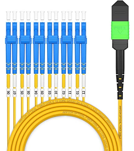 AMPCOM MPO zu LC Breakout-Kabel 9/125μm Singlemode OS1/OS2 (12 Fasern, MPO zu LC, Typ B, LSZH/Riser, UPC, Gelb) 20m