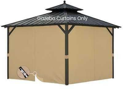 FoundGo 10'x12' Gazebo Universal Replacement Privacy Curtain for 10'Wx12'Lx6.7'H Water Resistant Gazebo Side Wall Privacy Panel Shade Screen Panels with Zipper for Outdoor Pergola Patio (Khaki) 4pc