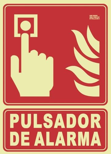 IberNorma FA0411 Señal Pulsador de Alarma 21x30cm Clase A D≤10m PVC Luminiscente Homologada nueva UNE 23034:2023 y RIPCI (Clase A)