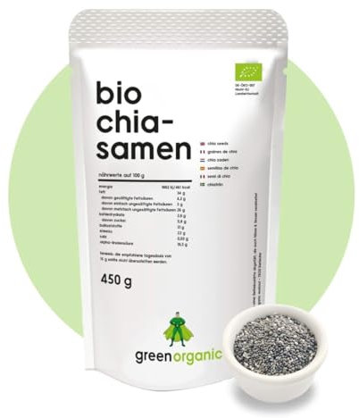 Chia Samen Bio, Premium, geprüfte Qualität, naturbelassen, ohne Gentechnik, glutenfrei, rein pflanzlich, 450g (450 g, Chia)