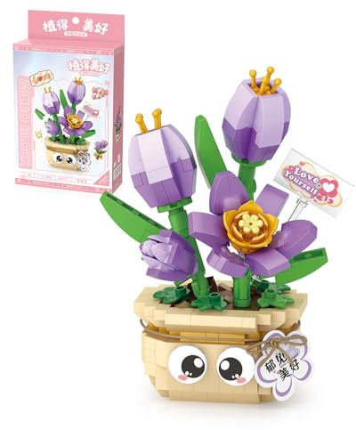 MEIEST Mini Flower Succulent Bonsai Building Blocks,Simulation Pot Plant Particle Flower Botanical Collection Construction Building Bricks Toy,Home Decors (Tulip)