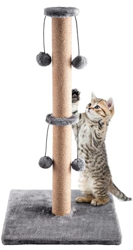 Trintion Cat Scratching Post 74cm Foldable Bottom Tall Cat Claw Scratcher with 4 Toy Ball Natural Sisal Scratch Pole and Soft Carpet Covered Heavy Base Modern Stable Design (Gray 74cm 4Ball)