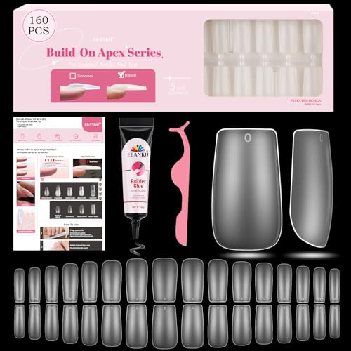 EBANKU Build on Apex Natural Nail Tips, 16 Sizes 160 PCS Short Almond Clear Acrylic Full Cover Press on Nail Tips with Builder Glue, Pre-applied Tip Primer & Base Coat