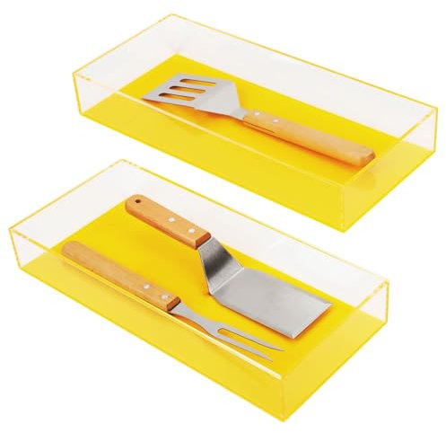 Mutellstory Stackable Silverware Drawer Organizer 2 Pack Acrylic Kitchen Utensil Holder with Neon Effect Heavy Duty Cutlery Tray Flatware Storage Box, 15.7 x 7 x 2.4'', Neon Yellow