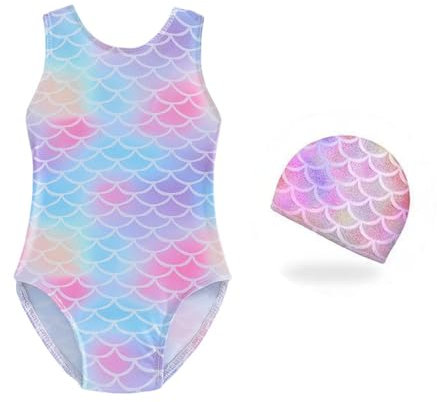 Costume da Bagno per Ragazze, Costume Piscina Bambina con cuffia da nuoto,Costume Intero Bambina Sirena, Bikini da Spiaggia Ragazze, Estivo Senza Manica Costume da Bagno per Spiaggia Estate, 120