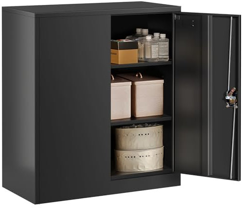 Frideko Metal Storage Cabinet with 2 Door and 2 Adjustable Shelves, 90CM Tall Storage Cupboard with Lock for Home, Office, Warehouse, 40D x 90W x 90H(Black)