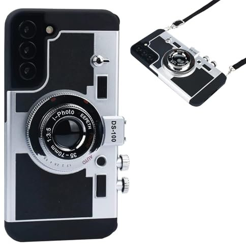 QoKcoahn Emily in Paris Phone Case for Samsung Galaxy S22, Kawaii 3D Cartoon Vintage Camera Case with Long Lanyard Silicone PC Crossbody Phone Case Shockproof Protector Black