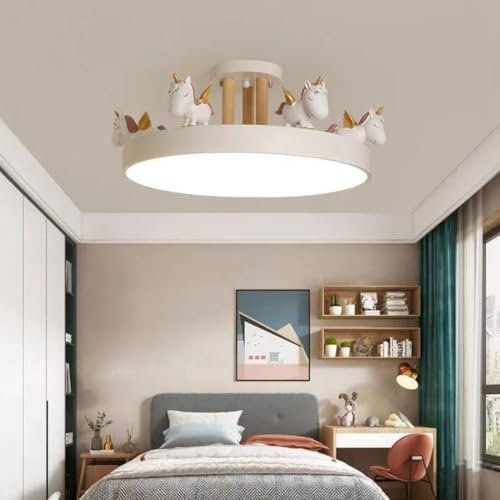 LED Deckenleuchte Kinderzimmer Weiß Einhorn Lampe Dimmbar Beleuchtung Modern Kinder Deckenlampe mit Fernbedienung Hängelampe 50cm Runde Acryl-schirm Dekorative Kronleuchter Schlafzimmer Jungen Mädchen